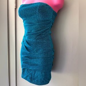 Blue Glitter Strapless Party Dress Small